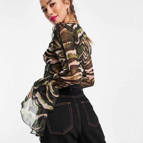 Asos Design Fairy Sheer Tie Front Ruffle Sleeve Crop Top Size 8 - Picture 8 of 15